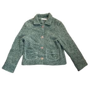 Avoca Green Boucle Mohair Wool Blend Floral Button Up Jacket Size US 6 UK 10